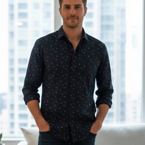 Zara Men's Navy Blue Floral Shirt Slim Fit